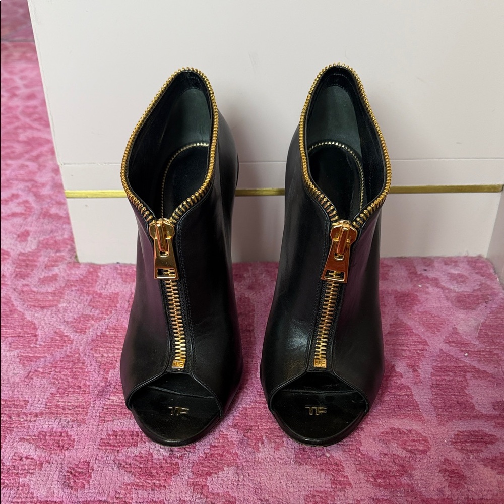 Tom Ford Black Peep-Toe Booties with Gold Zipper